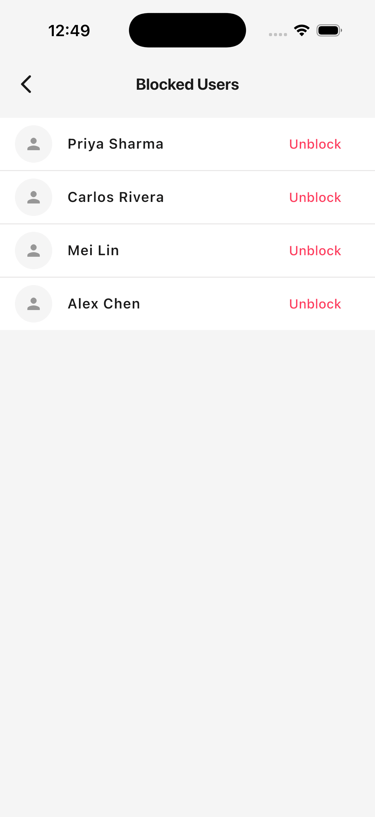 The Blocked Users list under Settings, showing each blocked runner with an Unblock button